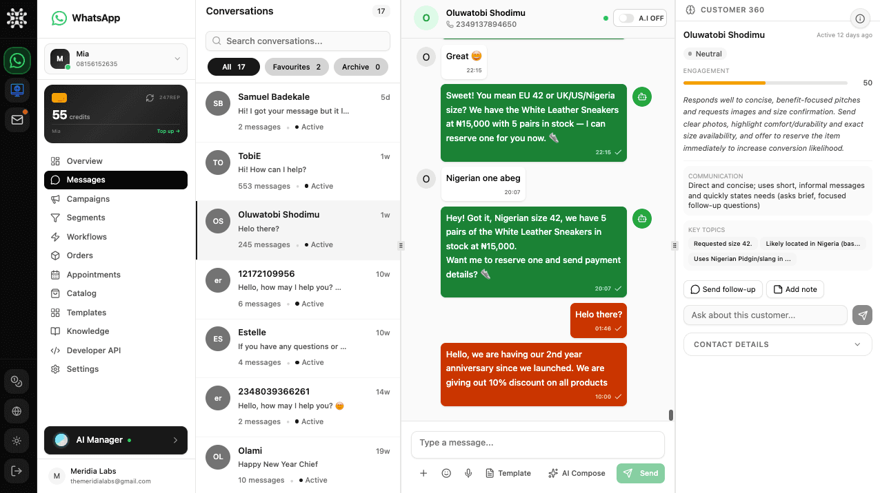 247Rep AI handling customer conversations
