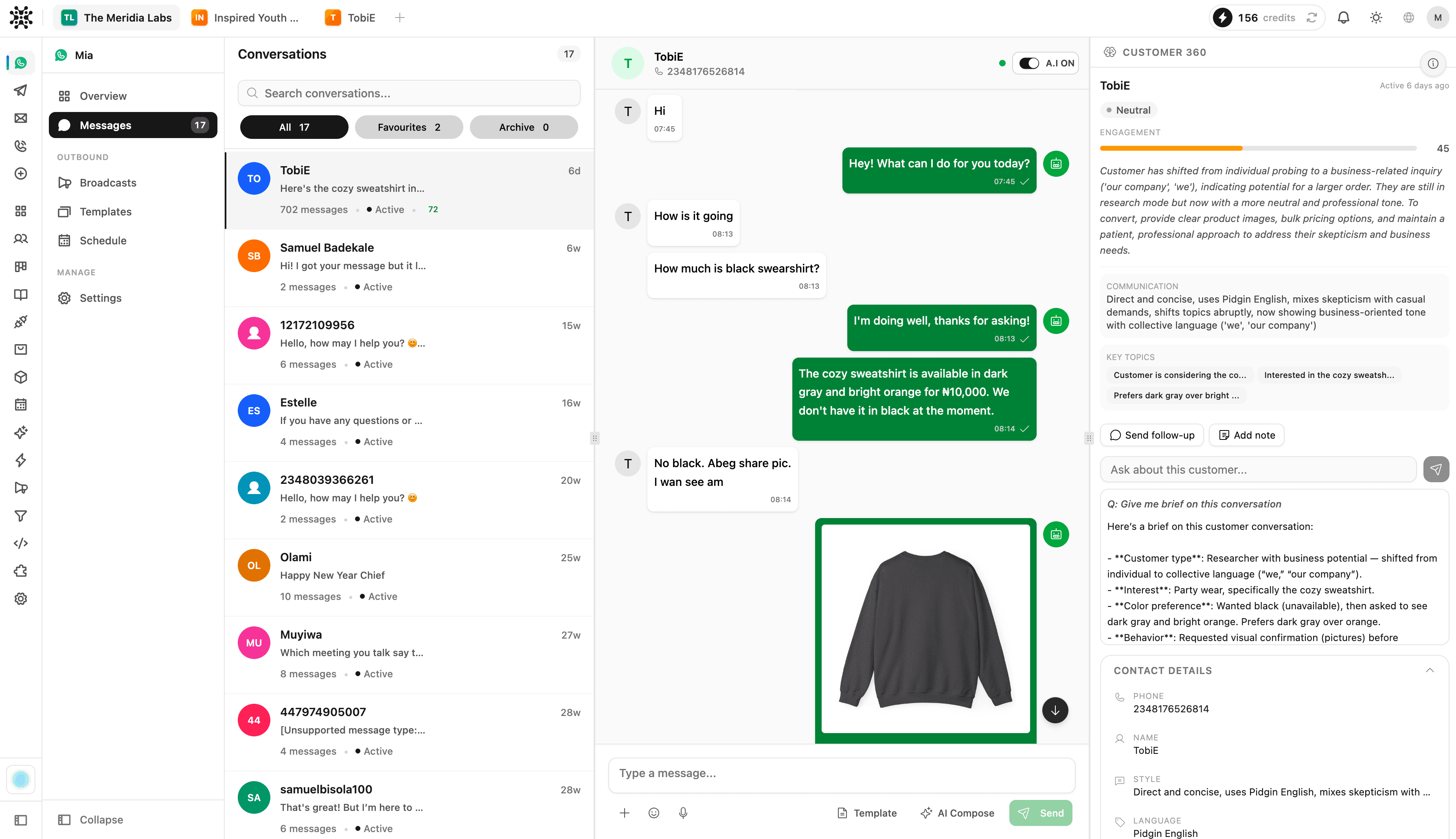 The 247Rep WhatsApp inbox, showing live customer conversations and the AI's replies.